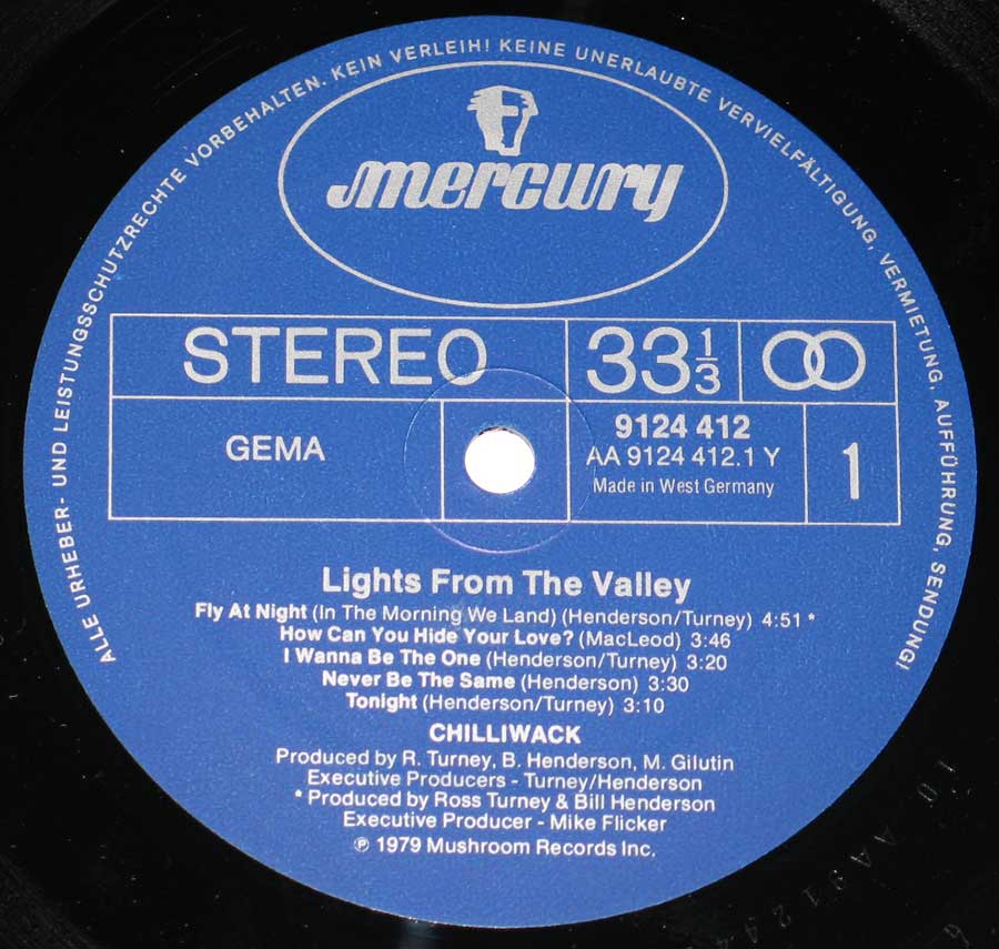 "Lights from the Valley" Blue Colour Mercury with rim-text in German Record Label Details: AA MERCURY 9124 412, Made in West Germany ℗ 1979 Mushroom Records Inc, Sound Copyright 