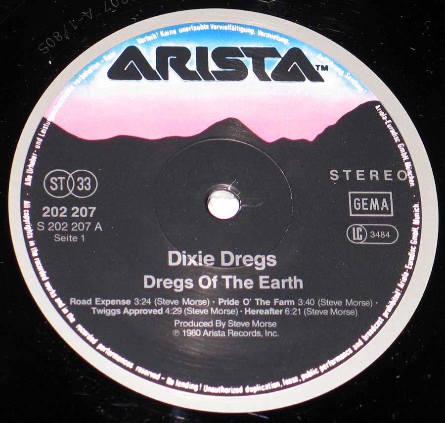 Close up of record's label DIXIE DREGS - Dregs of the Earth 12" Vinyl LP Album Side One