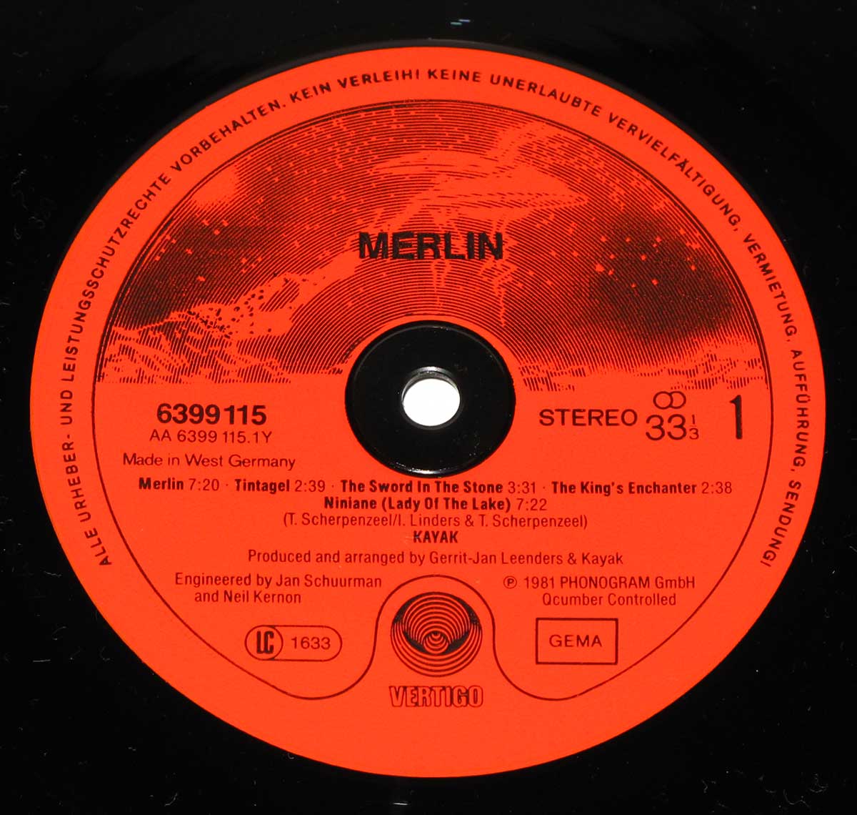 Close-up Photo of "Merlin" the Red "VERTIGO" 6399 115 Record Label  