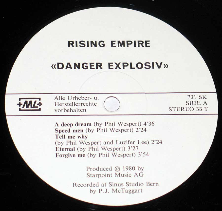 Close up of "Danger Explosiv Swiss" Record Label Details: Starpoint Music 731 SK +ML+ ℗ 1980 Starpoint Music AG Sound Copyright 