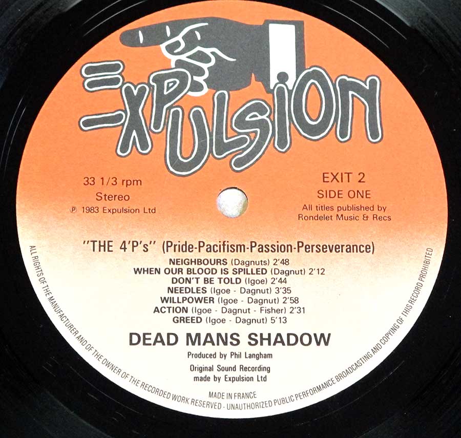Close up of record's label DEAD MAN'S SHADOW - The 4P's Pride Pacifism Passion Perseverance Boppin' Bob 12" LP Vinyl Album Side One