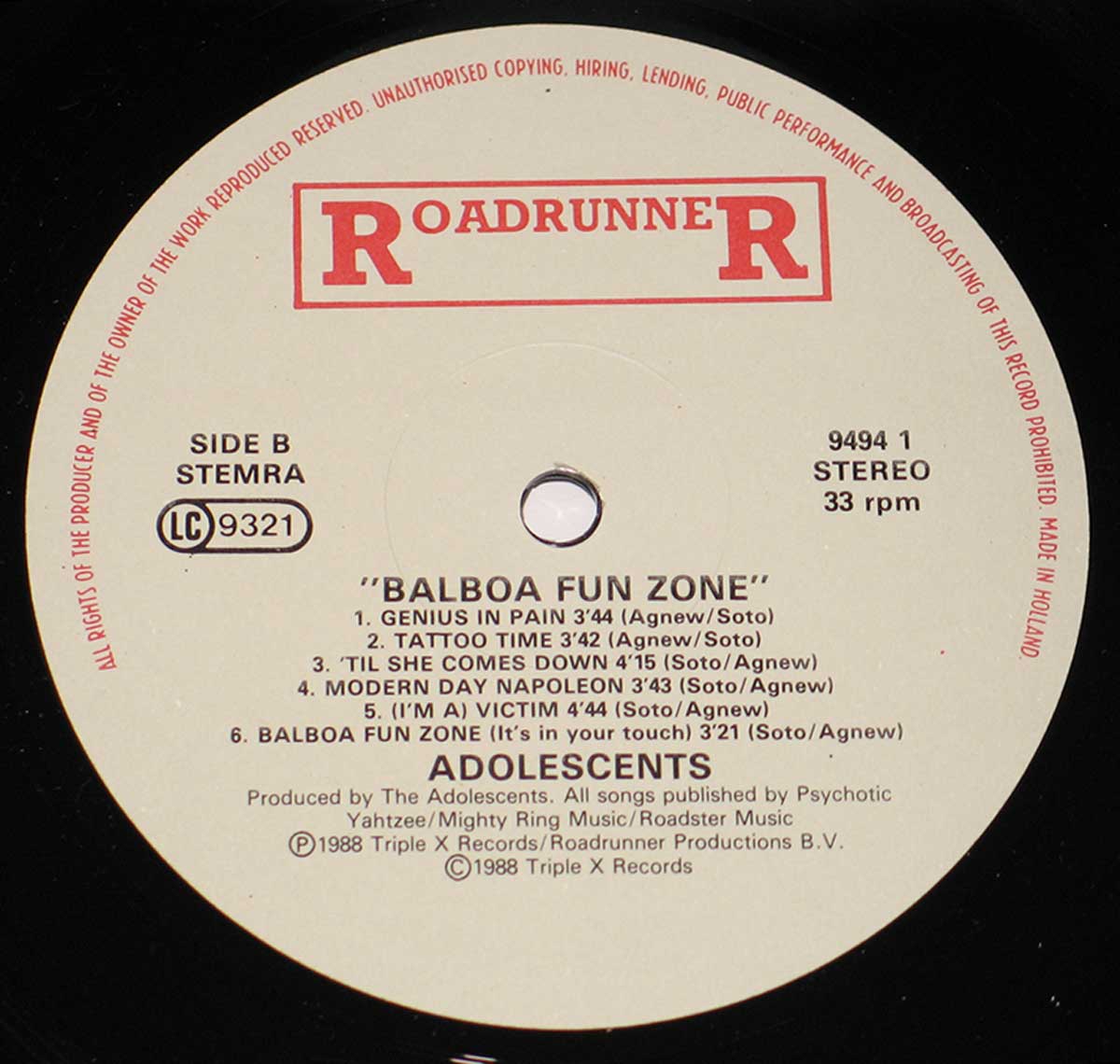 High Resolution Photo of the enlarged label ADOLESCENTS - Balboa Fun Zone https://vinyl-records.nl