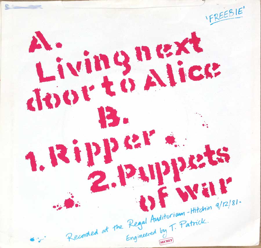 CHRON GEN - Free Live Ep / Live Next Door To Alice / Ripper / Puppets Of War 7" PS SINGLE VINYL back cover