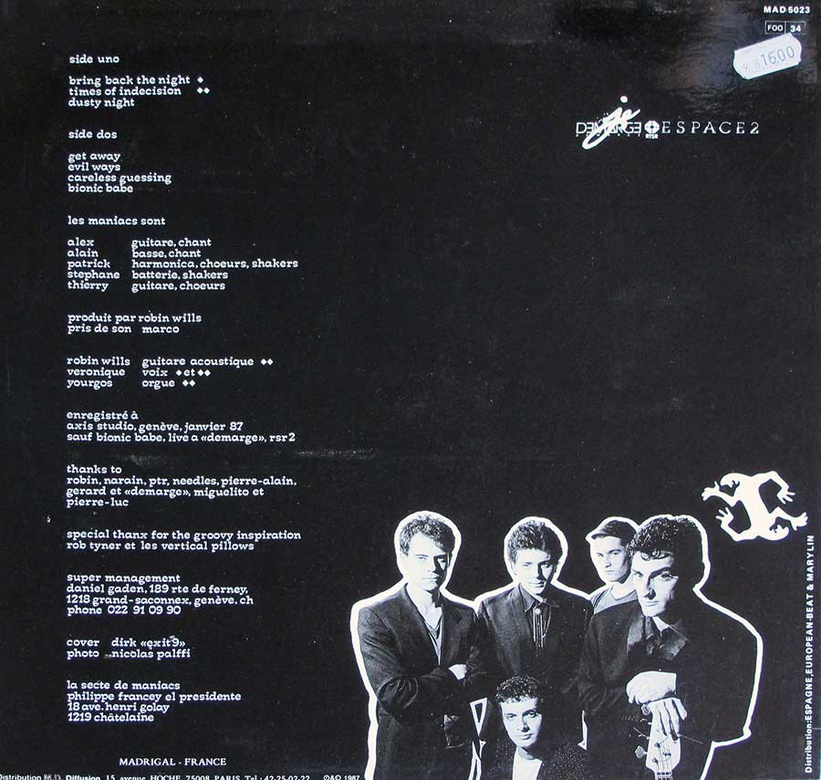 MANIACS - Self-Titled White Label France 12" LP Vinyl Album back cover