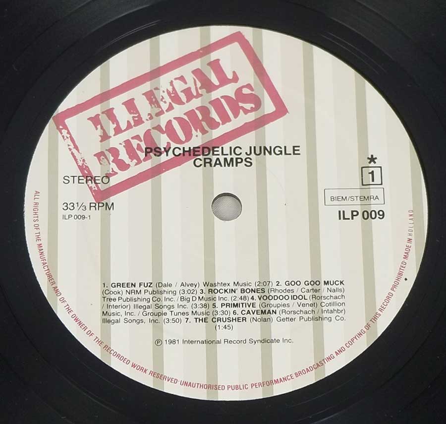 Close up of Side One record's label THE CRAMPS - Psychedelic Jungle Illegal Records 12" Vinyl LP Album