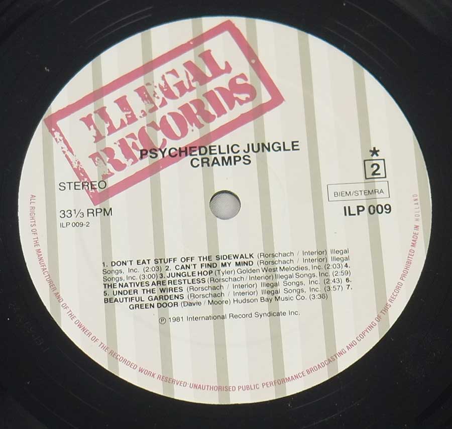 Side Two Close up of record's label THE CRAMPS - Psychedelic Jungle Illegal Records 12" Vinyl LP Album