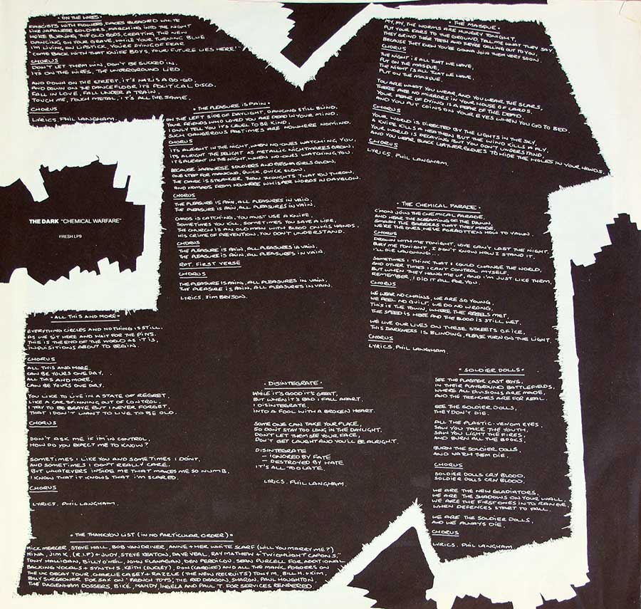 Photo Two of the original custom inner sleeve  THE DARK - Chemical Warfare + LYRICS SHEET FRESH 12" LP Vinyl Album