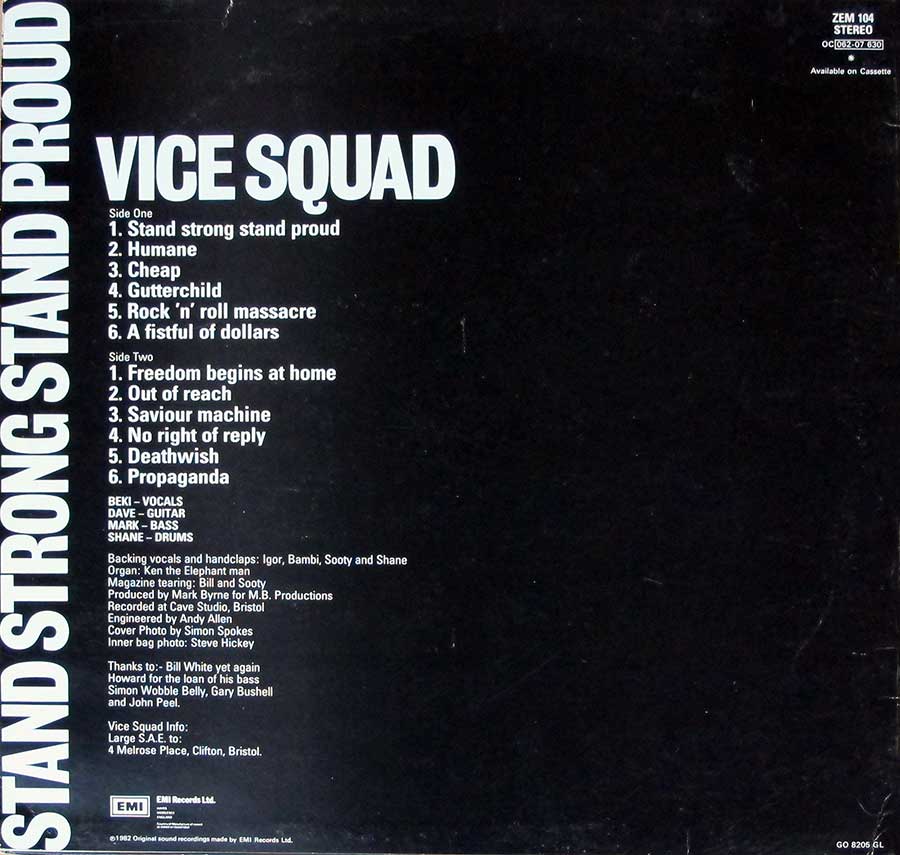 VICE SQUAD  Stand Strong Stand Proud Orig Zem 12" LP Vinyl Album
 back cover