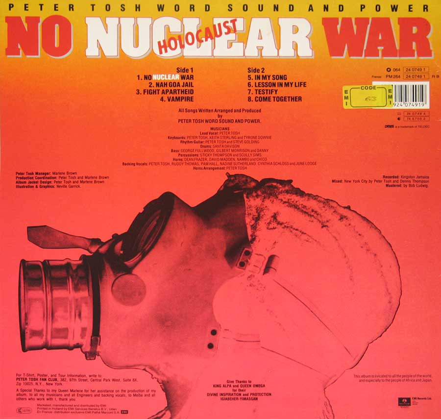 PETER TOSH - No Nuclear War 12" Vinyl LP Album back cover