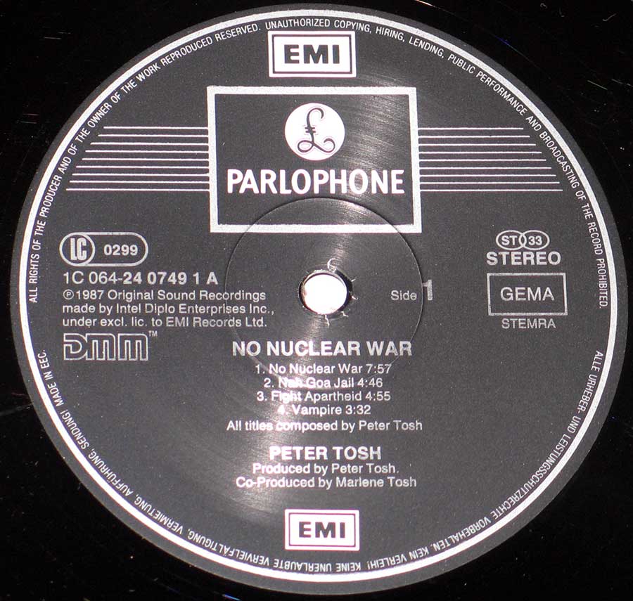 "No Nuclear War" Black Colour EMI Parlophone Record Label Details: EMI Parlophone 1C 064-24 0748 1m LC 0299 