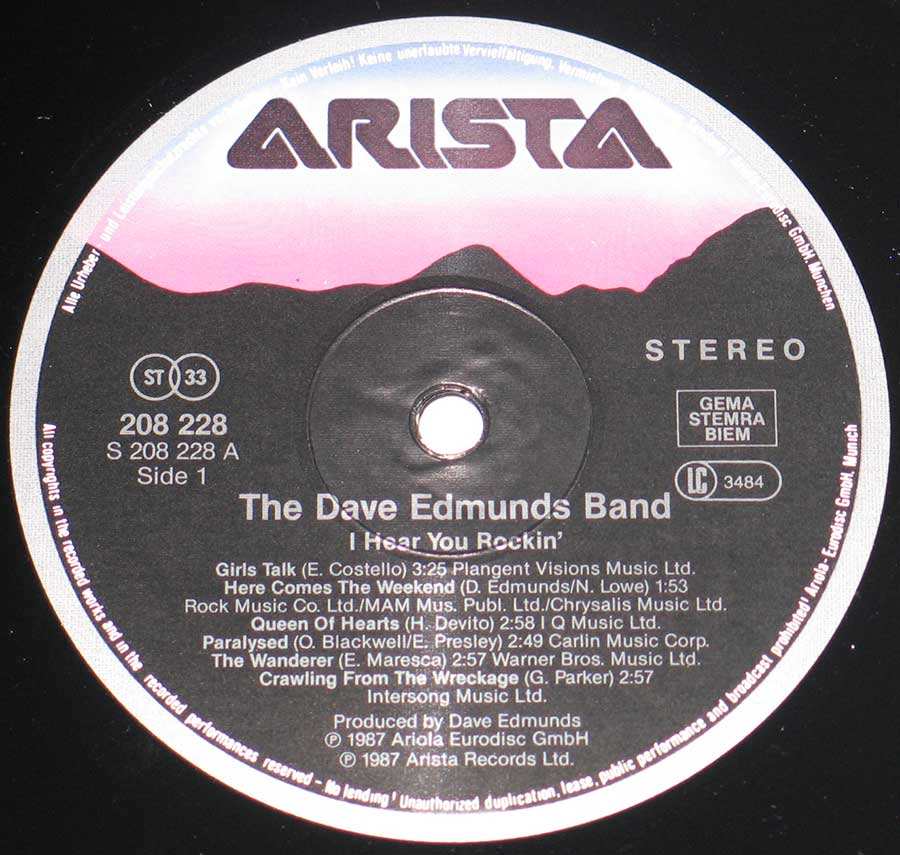 Close up of record's label Dave Edmunds Band - I Hear You Rockin 12" Vinyl Album Side One