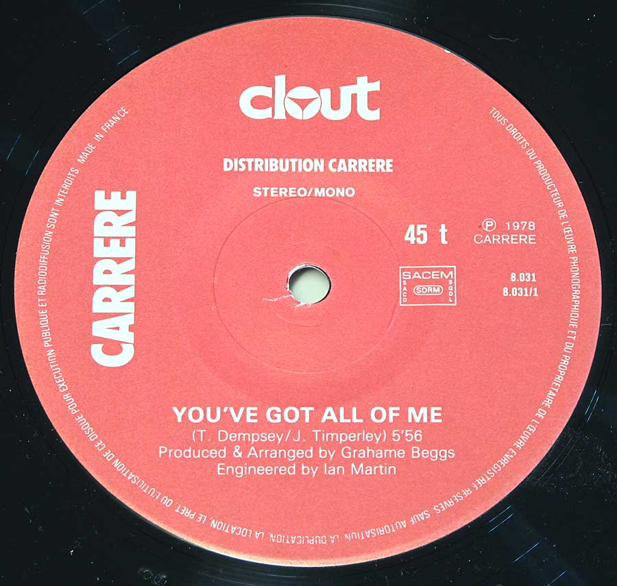 Close up of "You've Got All Of Me by Clout" Red Colour Carrere Record Label Details: Carrere 8-031 ℗ 1978 CARRERE Sound Copyright 