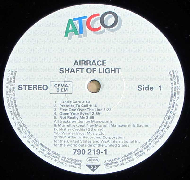 Enlarged High Resolution Photo of the Record's label AIRRACE - Shaft of Light https://vinyl-records.nl
