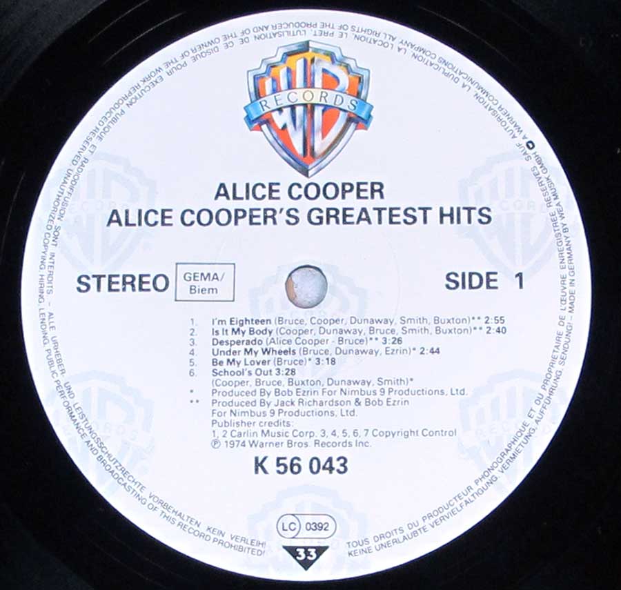Close up of record's label ALICE COOPER - Alice Cooper's Greatest Hits 12" LP Vinyl Album Side One