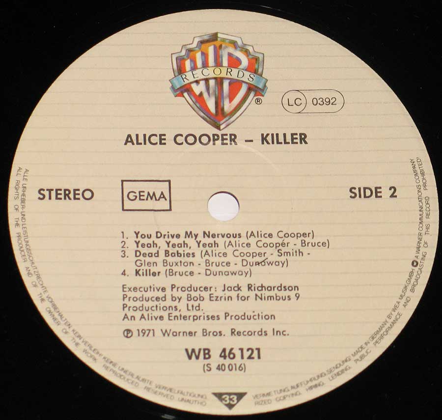 "Killer" Record Label Details: Warner Bros Records WB 46 121 ℗ 1971 Warner Bros Records Sound Copyright 