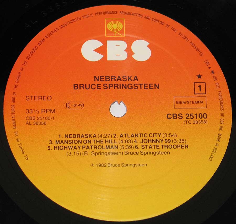 Close up of record's label BRUCE SPRINGSTEEN - Nebraska Side One