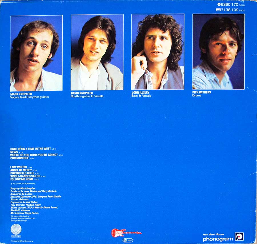 Four individual portrait photos of the Dire Straits band-members on the album back cover