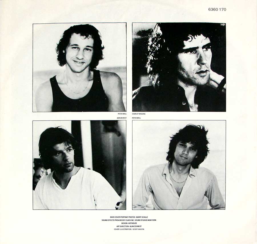 Four individual photos in black and white of the "Dire Straits" band-members