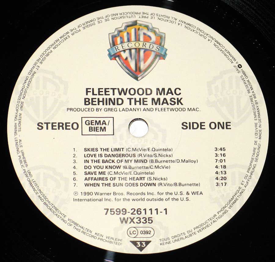 Close up of record's label FLEETWOOD MAC - Behind The Mask Side One