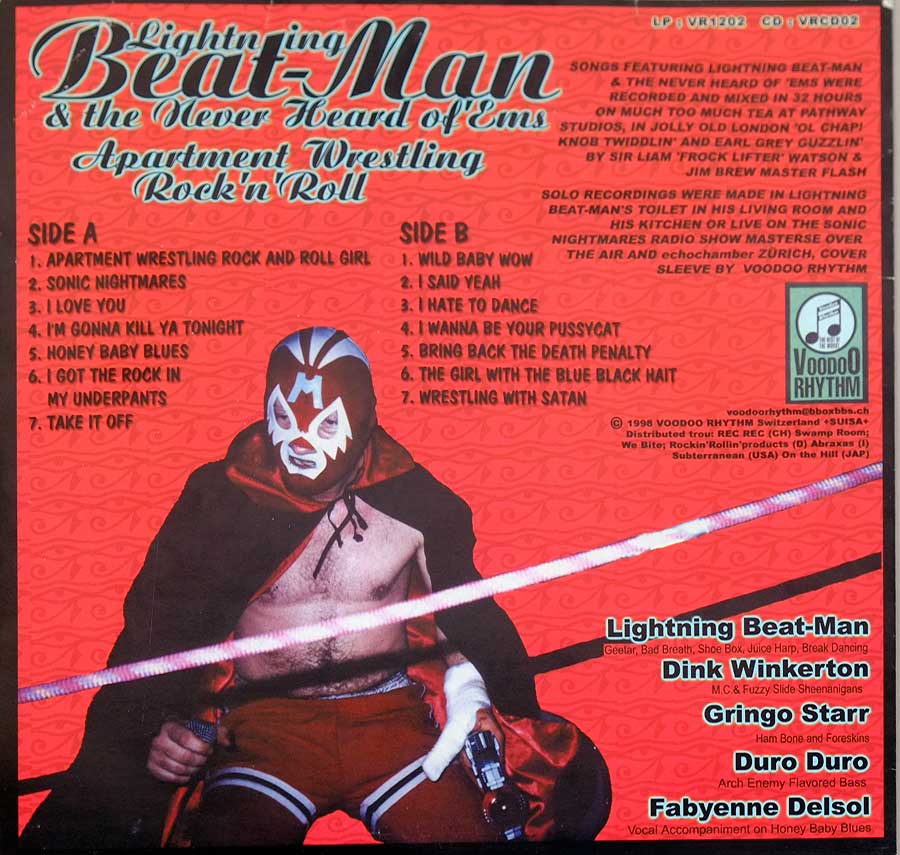 Photo of album back cover LIGHTNING BEAT-MAN And The Never Heard Of Ems Apartment Wrestling Rock N Roll 12" LP Vinyl Album
