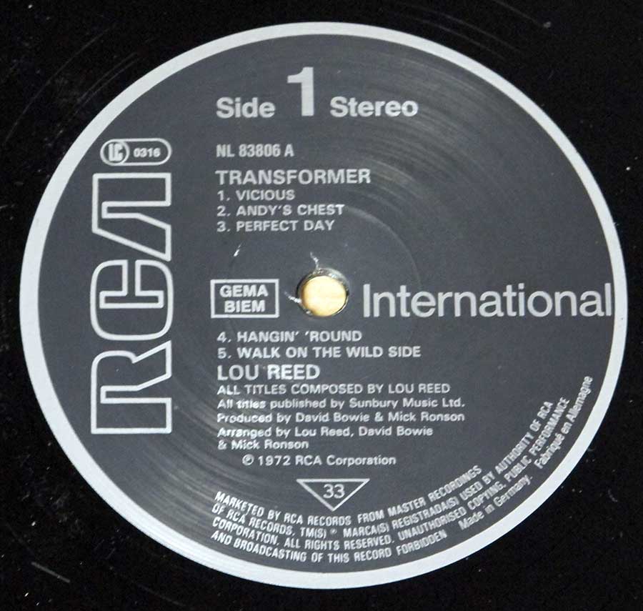 "Transformer" Black Colour RCA International Record Label Details: NL 83806 ℗ 1972 RCA Corporation Sound Copyright 