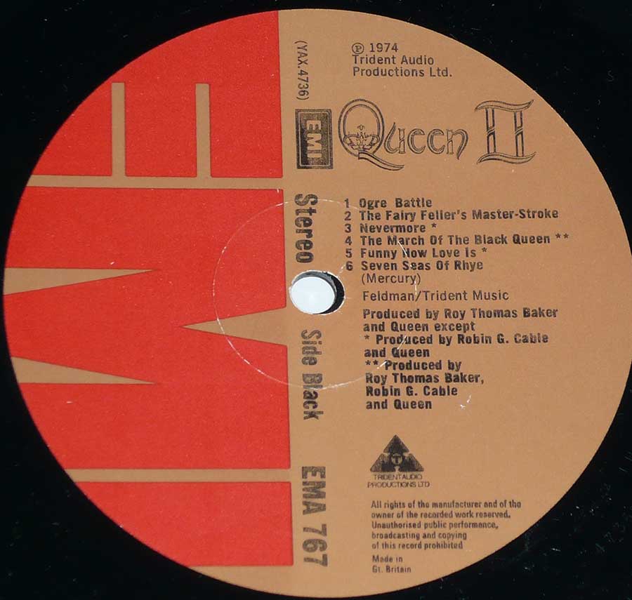 "Queen II" Red and Brown Colour EMI Record Label Details: EMI EMA 767 ℗ 197 Trident Audio Productions Sound Copyright 