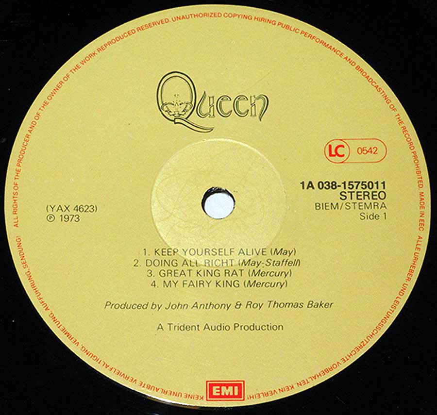"QUEEN" Record Label Details: 1A 038-1575011 ℗ 1973 Sound Copyright 