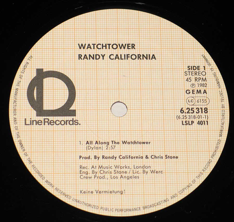 Close up of record's label Randy California - All Along the Watchtower Side One