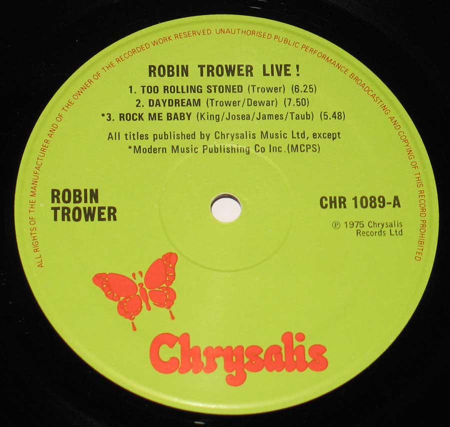 Close up of record's label ROBIN TROWER - Live! 12" Vinyl LP Album
 Side One