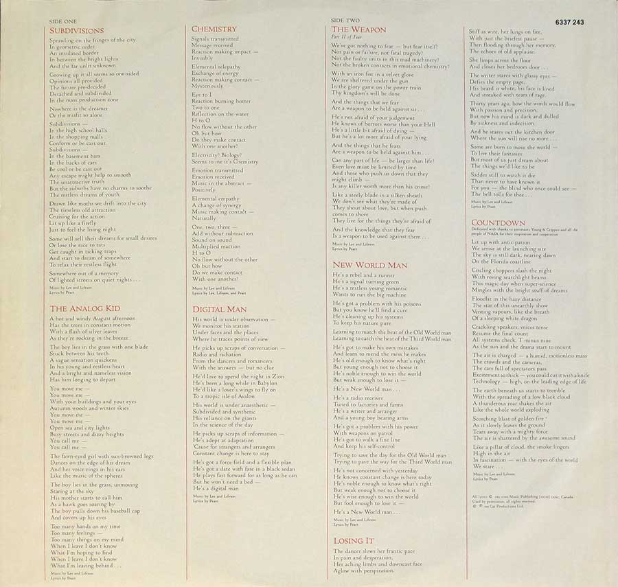 Lyrics of all the songs of the "Signals" album printed on the original custom inner sleeve