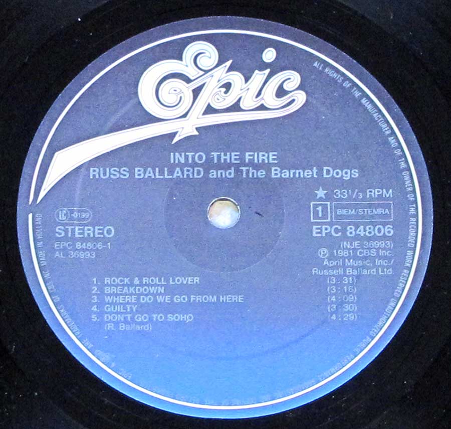 "Dogs Into The Fire" Record Label Details: April Music Inc. EPIC EPC 84806 