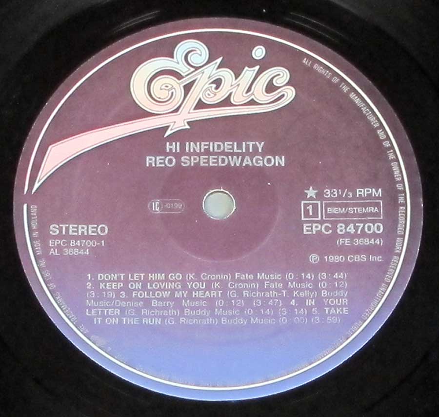 Close up of record's label REO SPEEDWAGON - Hi In Fidelity Side One