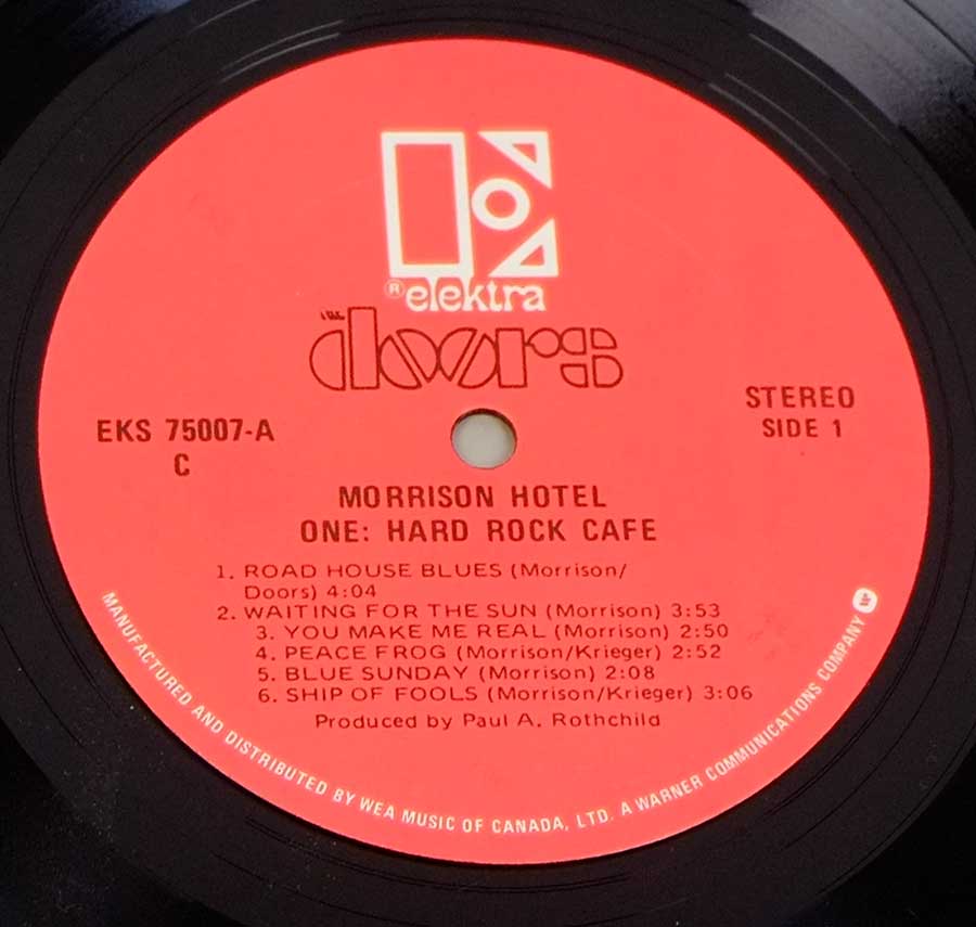 Close up of record's label DOORS MORRISON - Hotel Red Label Canada 12" LP Vinyl Side One