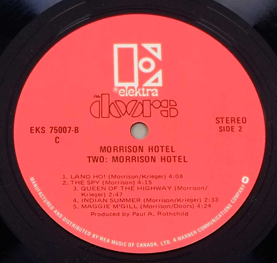 Close up of record's label DOORS MORRISON - Hotel Red Label Canada 12" LP Vinyl Side Two
