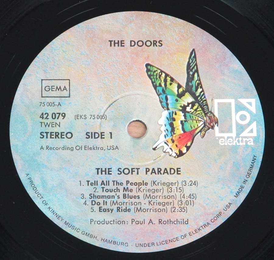 Close up of Side One record's label Soft Parade by THE DOORS 12" LP Vinyl Album