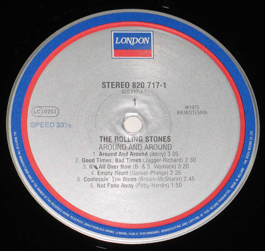 Close up of record's label ROLLING STONES - Around and Around ( Made in Holland ) Side One