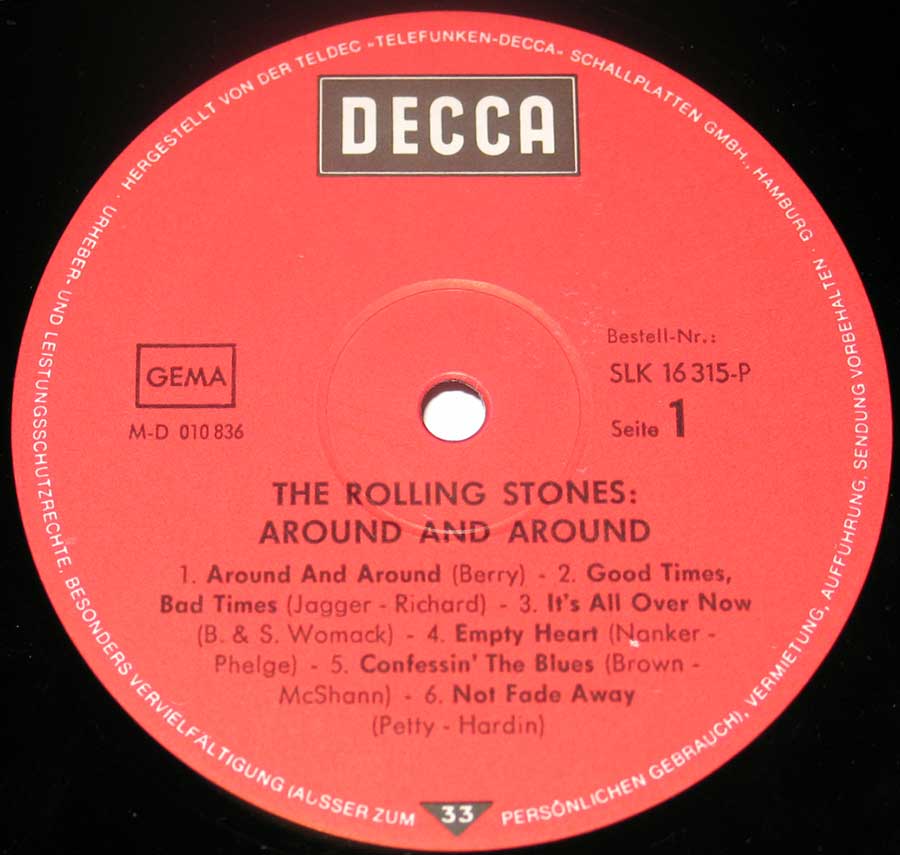 Close up of record's label ROLLING STONES - Around and Around with Brian Jones  Side One