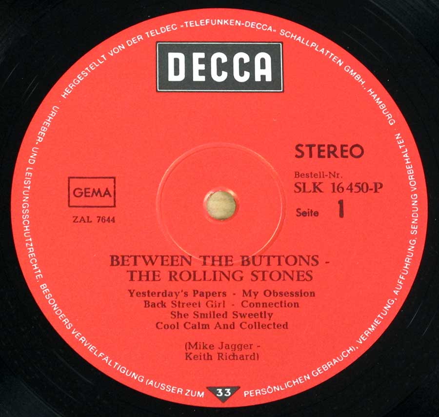 Close up of record's label ROLLING STONES - Between Buttons ( Germany ) Side One