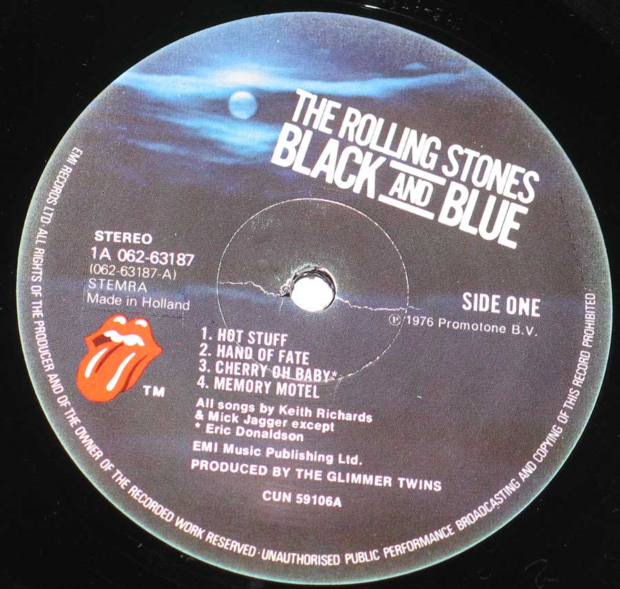 Close up of record's label THE ROLLING STONES - Black and Blue Side One