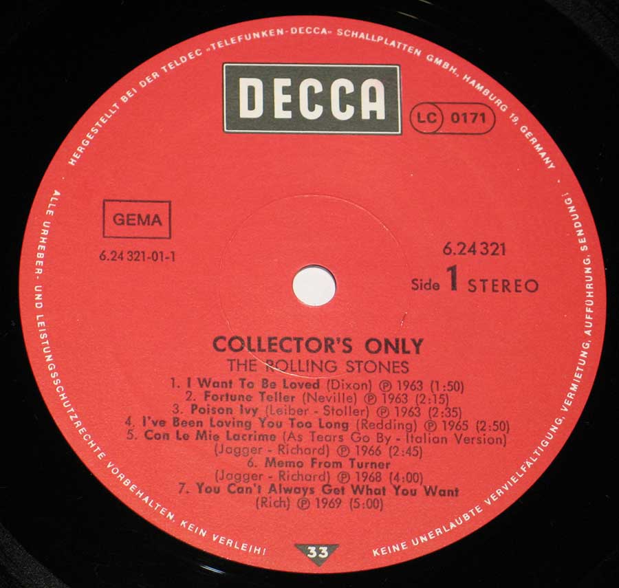Close up of record's label ROLLING STONES - Collector's Only Side One