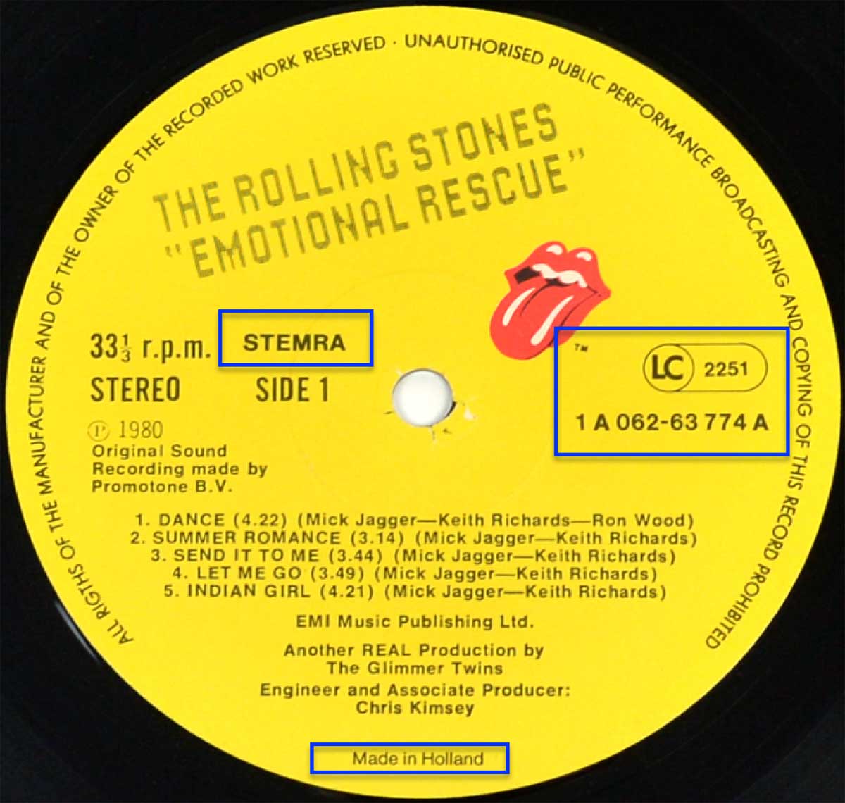 Enlarged & Zoomed photo of "ROLLING STONES - Emotional Rescue" Record's Label