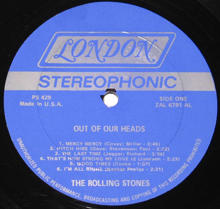 Close up of record's label Rolling Stones - Out of Our Heads London PS 429 Side One