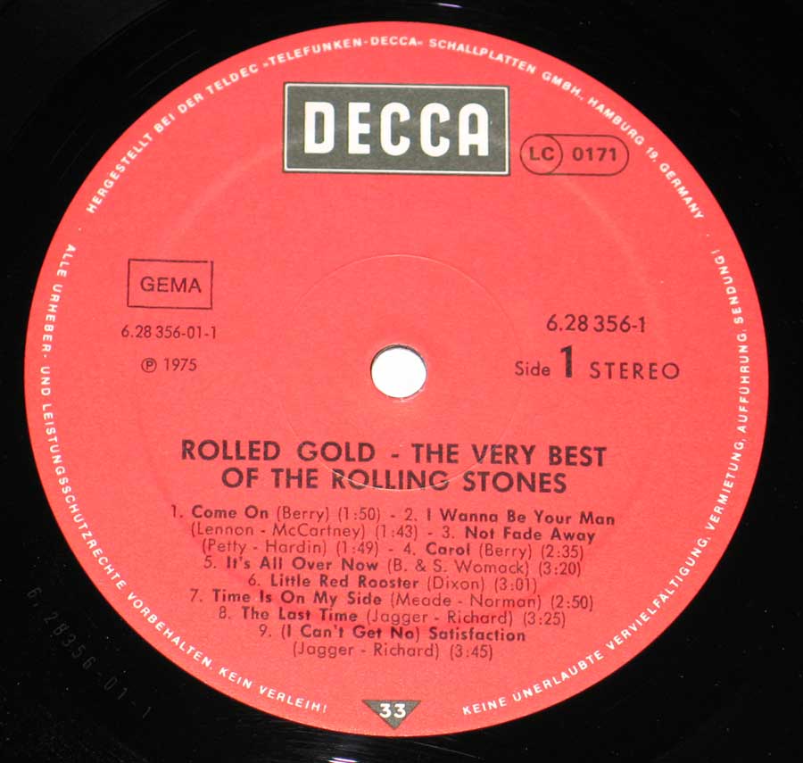 Close up of record's label ROLLING STONES Rolled Gold, Very Best of Rolling Stones, 2LP Side One
