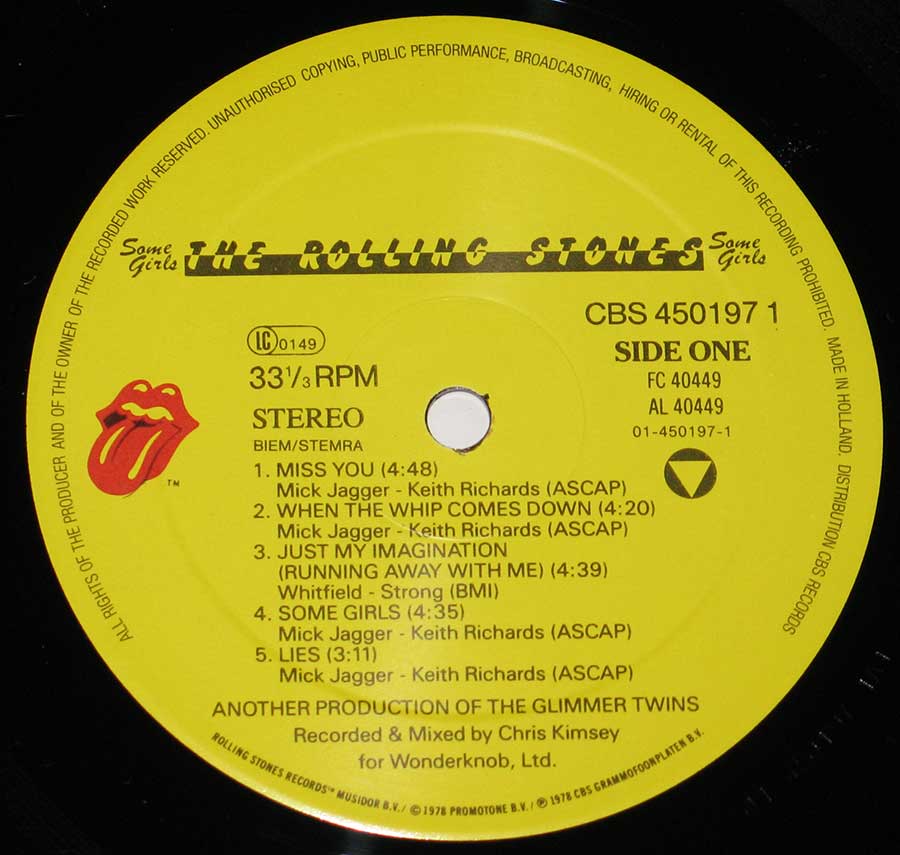 Close up of record's label ROLLING STONES - Some Girls ( Made in Holland ) Side One