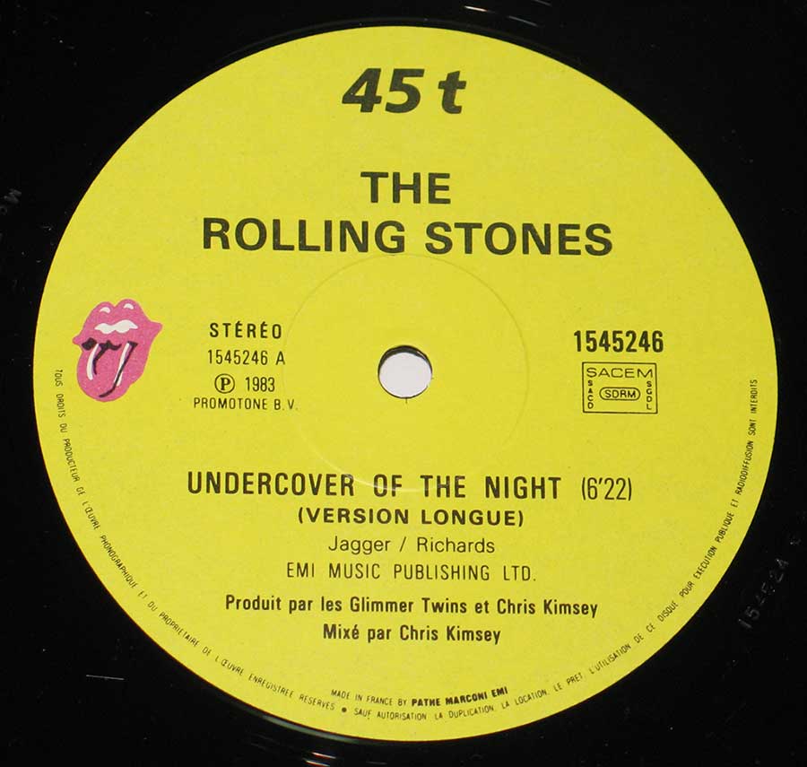 Close up of record's label ROLLING STONES - Undercover of the Night Extended Cheeky Mix Side One