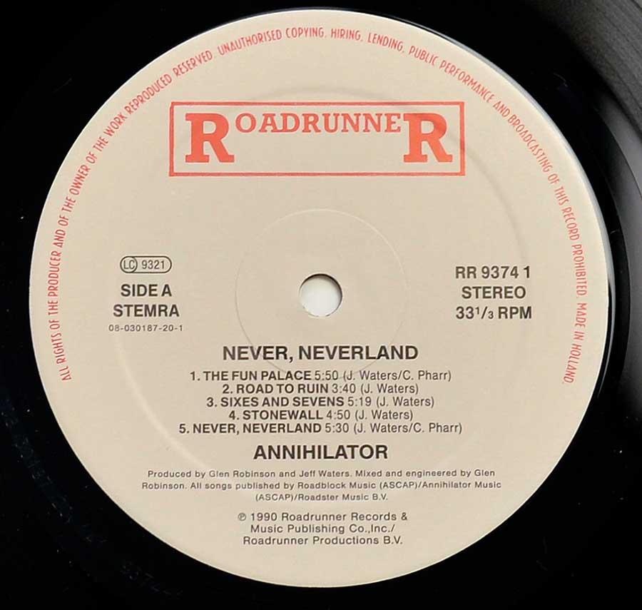 Close up of record's label ANNIHILATOR - Never, Neverland  Side One