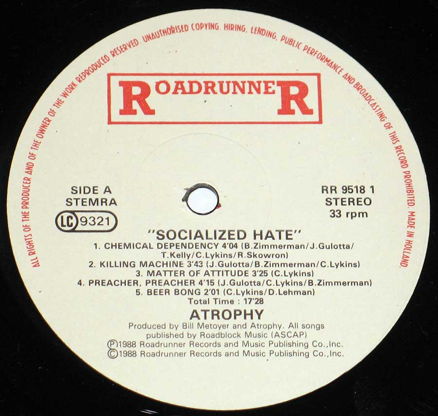 High Resolution Photo of the enlarged label ATrophy - Socialized Hate https://vinyl-records.nl