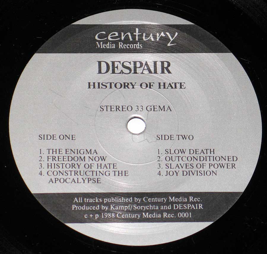 Close up of Side One Despair - History of Hate 