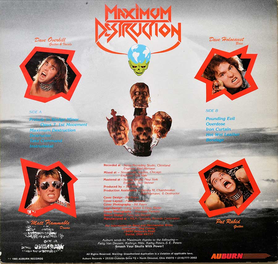 DESTRUCTOR - Maximum Destruction USA Release Auburn Records Incl OIS 12" Vinyl LP Album back cover