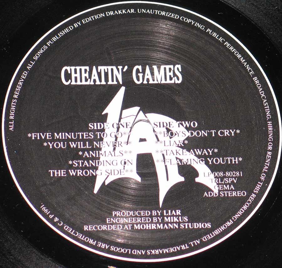 Side Two Close up of record's label LIAR - Cheatin' Games 12" Vinyl LP Album